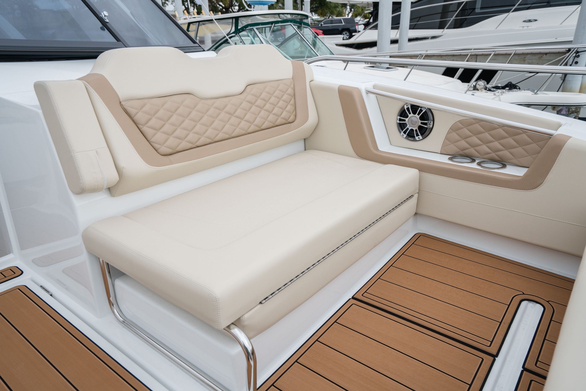 Catamaran sofa while sailing in the waters near Cala Mariolu